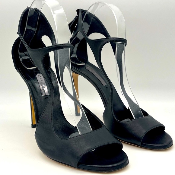 Casadei - Leather Strappy Open Toe Heels with Zipper Closure - Black - Size 8 - Picture 11 of 11